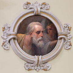 Naklejka premium SALERNO, ITALY - OCTOBER 6, 2025: The fresco of St. Matthew the Evanglist in the church Chiesa di San Giorgio by Pasquale Avallone (1884 - 1965)