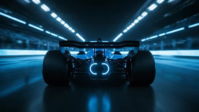 A futuristic blue race car speeds through a dark, neon-lit tunnel. Dynamic camera highlights its advanced design and thrilling performance.