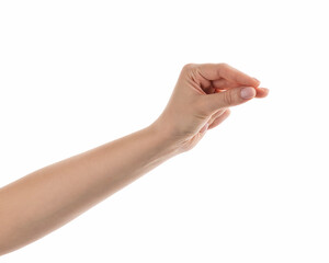 Young woman hand to hold business card or something thin isolated on white background