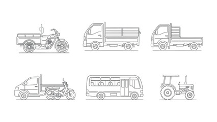 Naklejka premium Fleet of Transport Vehicles: A collection of various transport vehicles, each meticulously depicted in a sleek line-art style, showcasing diverse modes of transportation for a range of purposes.