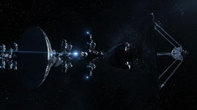 A futuristic deep space communication array with large parabolic antennas transmitting signals. Advanced technology for interstellar communication and scientific exploration.