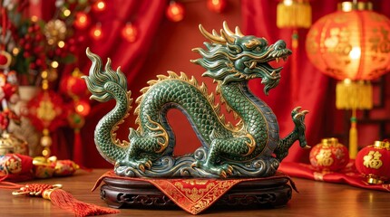 Fototapeta premium Ultra realistic ceramic dragon statue with gold detailing, smooth glazed surface, elegant reflections, red festive background