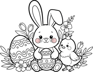 Fototapeta premium Easter bunny and chick with decorated eggs and flowers