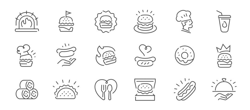 Fast food line icons set. Burger, hot dog, donut outline vector collection. Street food symbols