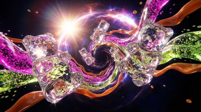 Cosmic Gummy Diamond Singularity with Neon Tropic Soda Vortex. A high-energy 3D abstract illustration featuring giant gummy bears with multifaceted diamond textures and crystalline transparency.