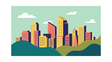 Minimalist cityscape illustration with modern buildings and rolling hills