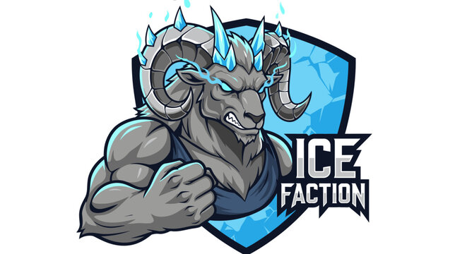 Cartoon ram character with ice faction logo.