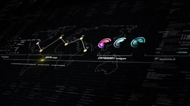 High-quality 4K futuristic digital dashboard showing global data visualization, system performance, AI-driven analysis, and cyber security interface. Perfect for technology, IT, and business projects.