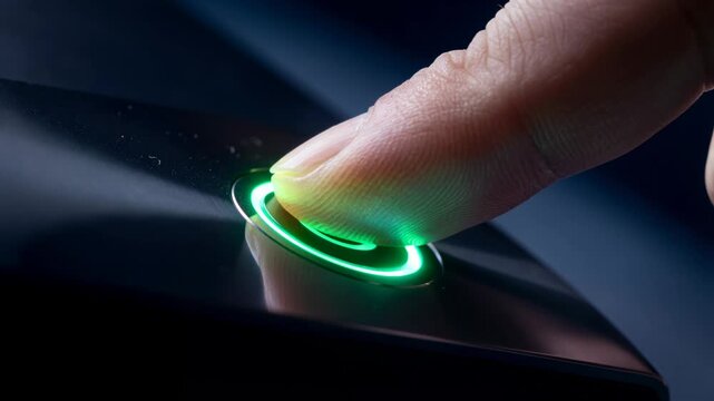 Close-up of finger pressing illuminated power button on touchscreen device, turning on technology and startup concept.
