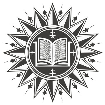 Open book inside circular emblem with star rays symbolizes education and knowledge sharing in vintage monochrome design