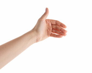 Young woman hand to hold something isolated on white background