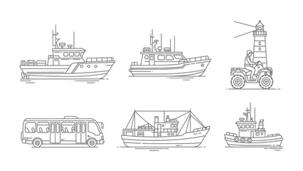 Obraz premium Marine Transport Elements: A detailed illustration showcasing diverse marine and land transport elements, from fishing vessel and lighthouse to a city bus and a marine service vehicle.