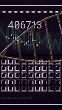 Vertical video: On numeric update helix sliding, rotating over grid while microbars showing changes