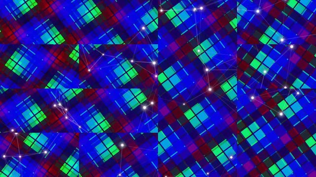 A mesmerizing digital network weaves through a vibrant geometric tapestry of interconnected squares and dynamic colorful lines, creating a futuristic abstract pattern