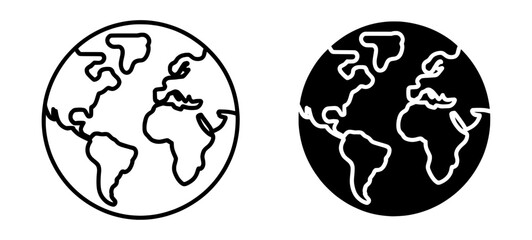 Obraz premium Minimalist world map globe icons, black and white earth planet vector set, global travel and logistics signs