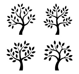 Obraz premium Minimalist tree silhouettes, set of 4 black vector tree icons, organic leaf and branch nature logo elements