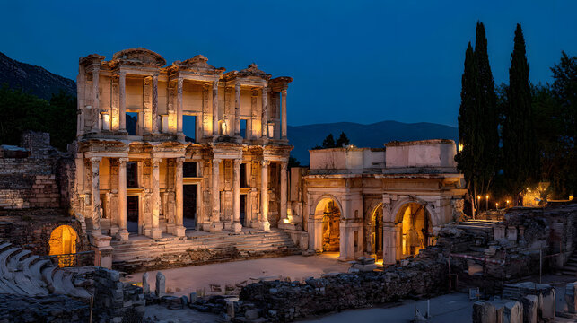 The Library of Celsus in the ancient city of Ephesus, Turkey, illuminated at night, panoramic view. Background illustration of historical sites in Turkey.