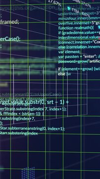 Vertical video: Cam panning starting 3D green grid revealing code, % labels, charts showing market