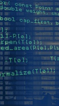 Vertical video: Playback starting, cyan code and binary digits scrolling to reveal functions