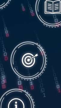 Vertical video: Camera sweep starting upward pan glowing rings moving pulsing spinning showing data