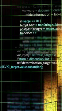 Vertical video: Green grid shifting on code fading in, scrolling as gold panel sliding for scan