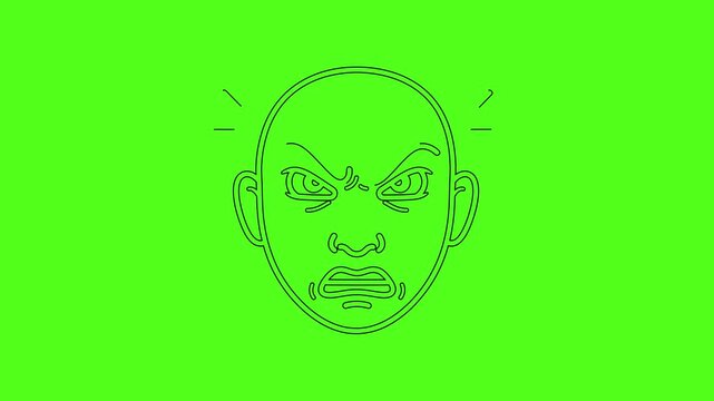 Angry and Furious Man Face Expression Line Art Icon Animation on Green Screen