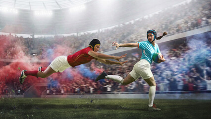 Women rugby players in dramatic tackle with colorful stadium smoke. Concept of high intensity competition, rivalry, teamwork, sports marketing visuals and powerful female action. © master1305