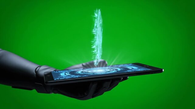A gloved hand taps a tablet, triggering a vibrant holographic user interface with circuit elements.
