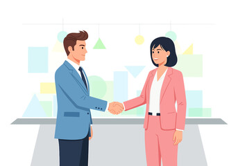 Fototapeta premium Two business people, a man and a woman, shaking hands in a professional setting, symbolizing agreement or partnership.