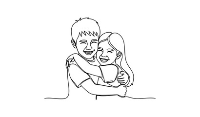 Sibling hug summer continuous single line drawing EPS 10