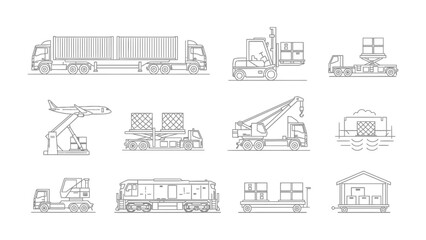 Obraz premium Logistics in Line: An array of transportation vehicles, meticulously outlined, showcases the diverse methods of goods movement across land, air, and sea.