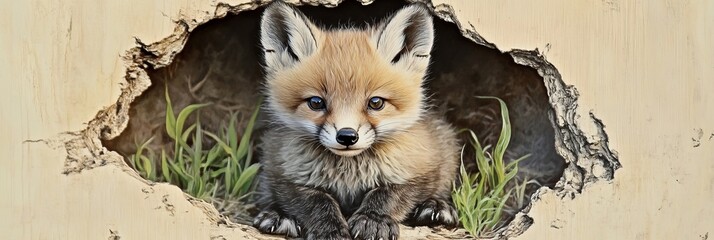 Fototapeta premium Tiny Curious Fox Kit Exploring Nature s Beauty with Innocent Wonder in a Vibrant Forest Setting