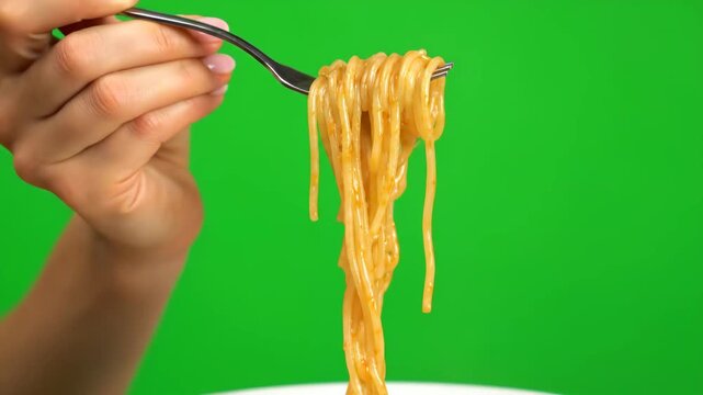 A hand holds a fork with spaghetti pasta, twirled and ready to eat, against a green screen. Perfect for food and cooking content.