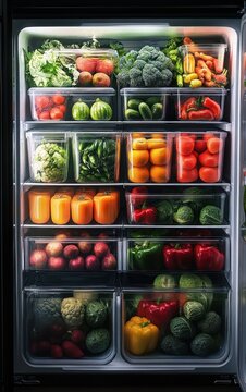Neatly organized refrigerator packed with fresh lettuce, broccoli, cauliflower, carrots, cucumbers, tomatoes, bell peppers, oranges, apples and brussels sprouts, conveying freshness and abundance