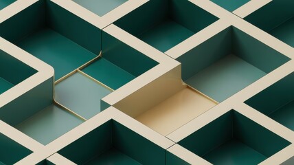 Fototapeta premium Abstract geometric maze pattern with green and gold colors