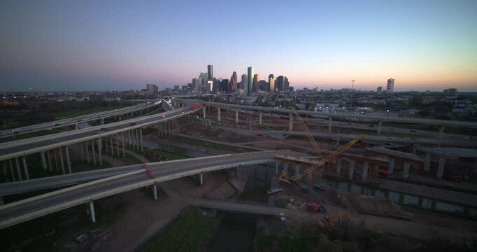 Night time Wide Aerial Drone View of Houston Texas Urban Landscape