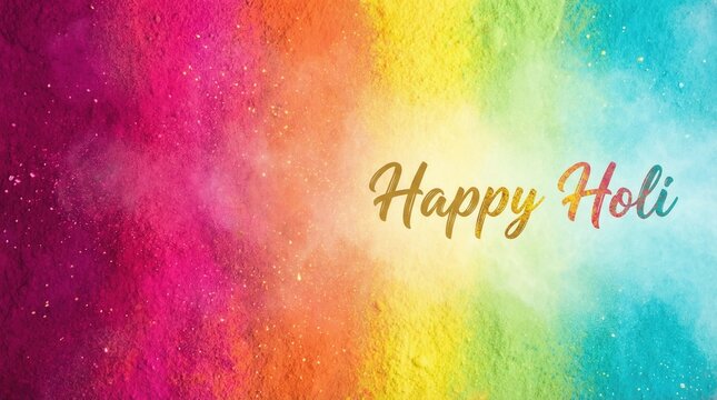 Happy Holi greeting on a vibrant background of colorful powder. Indian festival of colors celebration concept. Banner for the Hindu spring festival