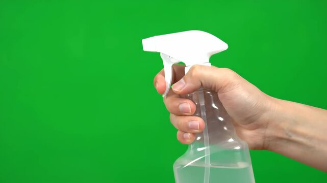 A hand sprays clear liquid from a transparent bottle against a green screen. Perfect for cleaning, hygiene, or gardening concepts.
