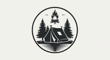 Camping adventure logo featuring tent, campfire, and trees in natures embrace, perfect for outdoor enthusiasts.