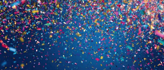 The Confetti Shower Over Deep Blue Background With Colorful Falling Party Streamers