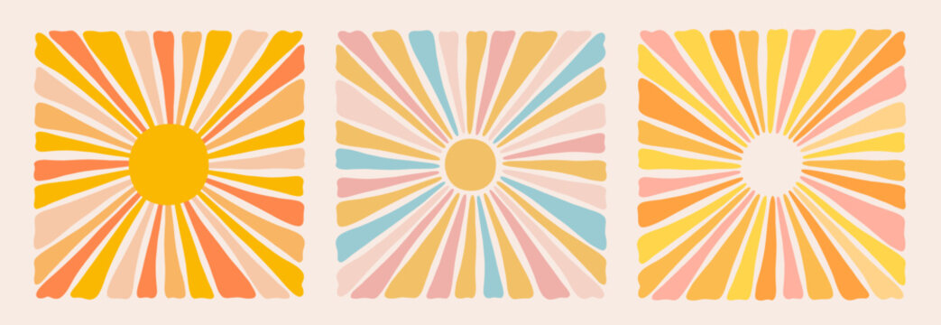 Funny retro sun patterns. Groovy sunburst collection. Organic doodle shapes in vintage colors.
