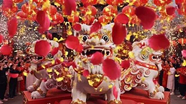 A vibrant video of a Chinese Lunar New Year celebration, featuring three majestic white and red lion statues on a red platform.