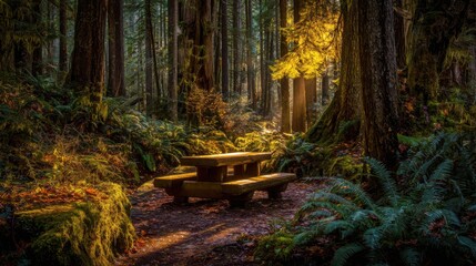 Wooden picnic table bathed in golden sunlight within a serene forest clearing surrounded by lush greenery.