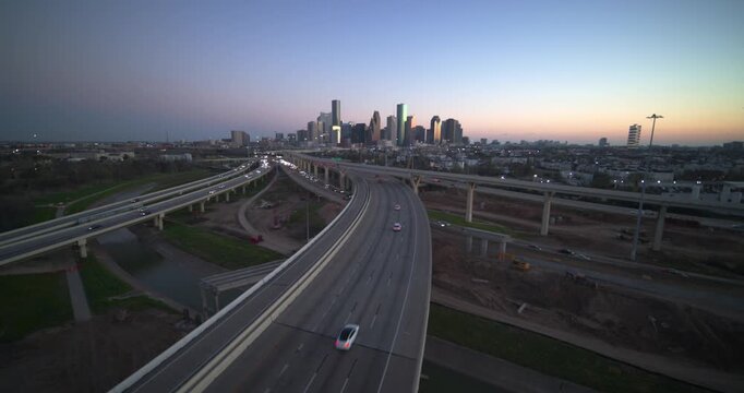 Establishing Wide Drone View of Downtown Houston Texas Skyline