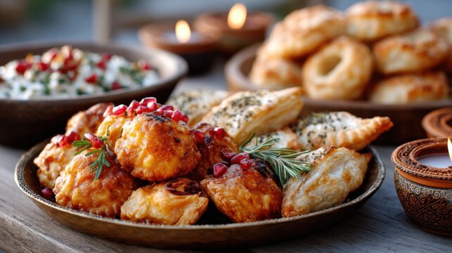 Holi Celebration Food Spread on Brass Plates: Gujiya, Malpua Rabri, Dahi Bhalla with Pomegranate, Glowing Clay Diyas Background