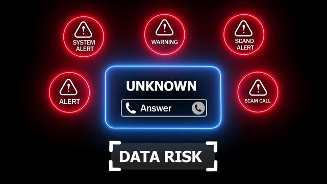 Data risk notification on an incoming call screen with alerts and unknown number warning system hacked on a black background 4k animation video