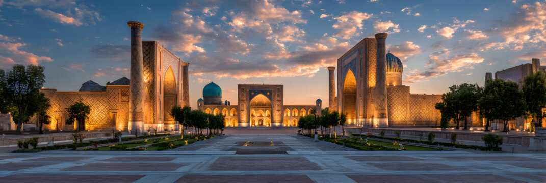 Registan Square in Samarkand, Uzbekistan, the central square of the ancient city with three main buildings, blue sky and orange clouds. Background illustration of historical sites in Uzbekistan.