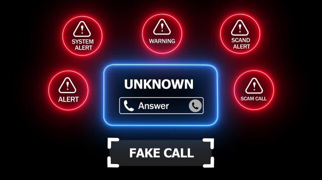 Incoming call screen with multiple alerts for system hacked warning and fake call on a black background 4k animation video