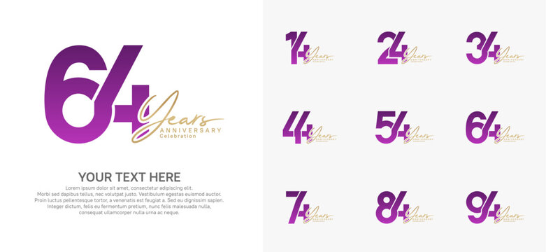 Anniversary logo set vector design, purple and gold for celebration event