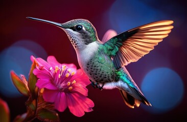 Fototapeta premium vibrant green hummingbird hovering beside a bright pink flower with outstretched golden-tinged wings, a serene delicate moment against glowing colorful bokeh